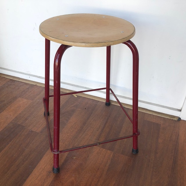 STOOL, Timber w Red Metal Legs 39cm x 39cm Base